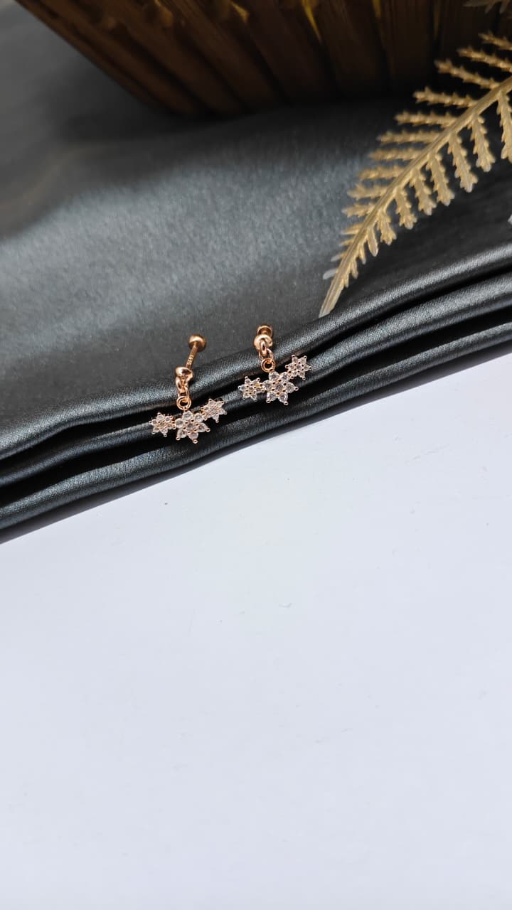 925 Silver Rose Gold 3 Star White Stone Hanging Design Bugadi Earrings
