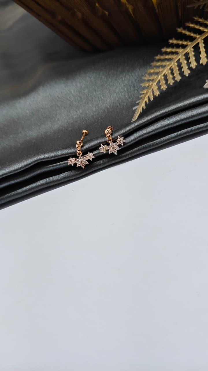 925 Silver Rose Gold 3 Star White Stone Hanging Design Bugadi Earrings