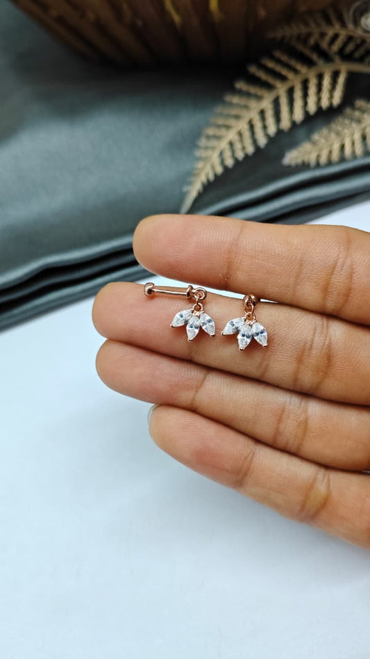925 Silver Rose Gold 3 White Stone Hanging Design Bugadi Earrings