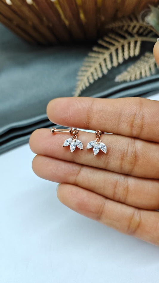 925 Silver Rose Gold 3 White Stone Hanging Design Bugadi Earrings