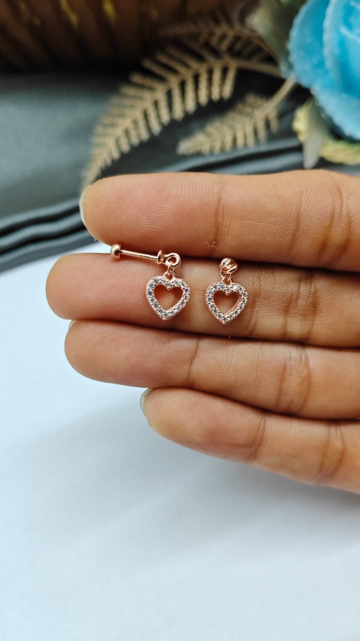 925 Silver Rose Gold White Stone Heart Hanging Design Bugadi Earrings