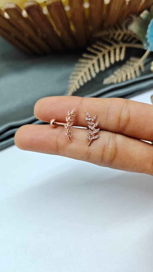 925 Silver Rose Gold White Stone Big Leaf Design Bugadi Earrings