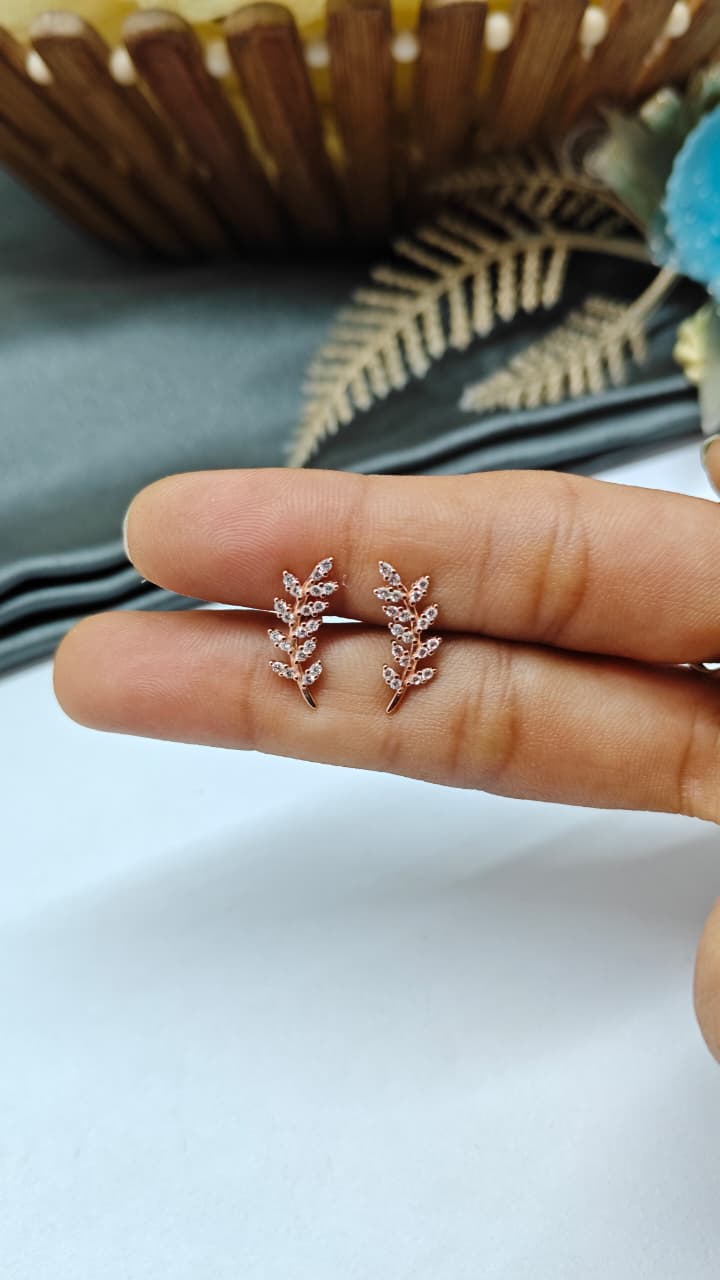 925 Silver Rose Gold White Stone Big Leaf Design Bugadi Earrings