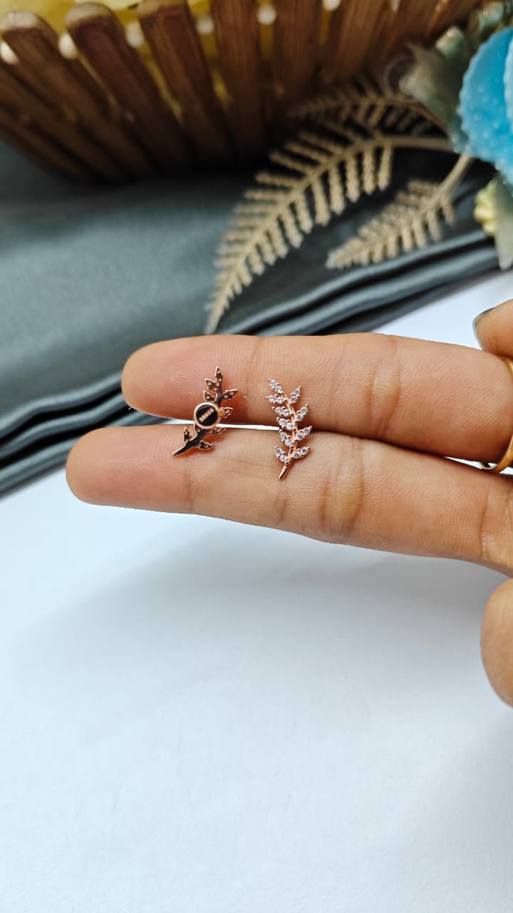 925 Silver Rose Gold White Stone Big Leaf Design Bugadi Earrings