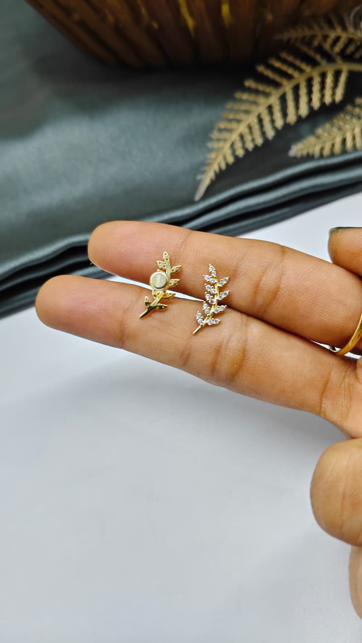 925 Silver Gold White Stone Big Leaf Design Bugadi Earrings