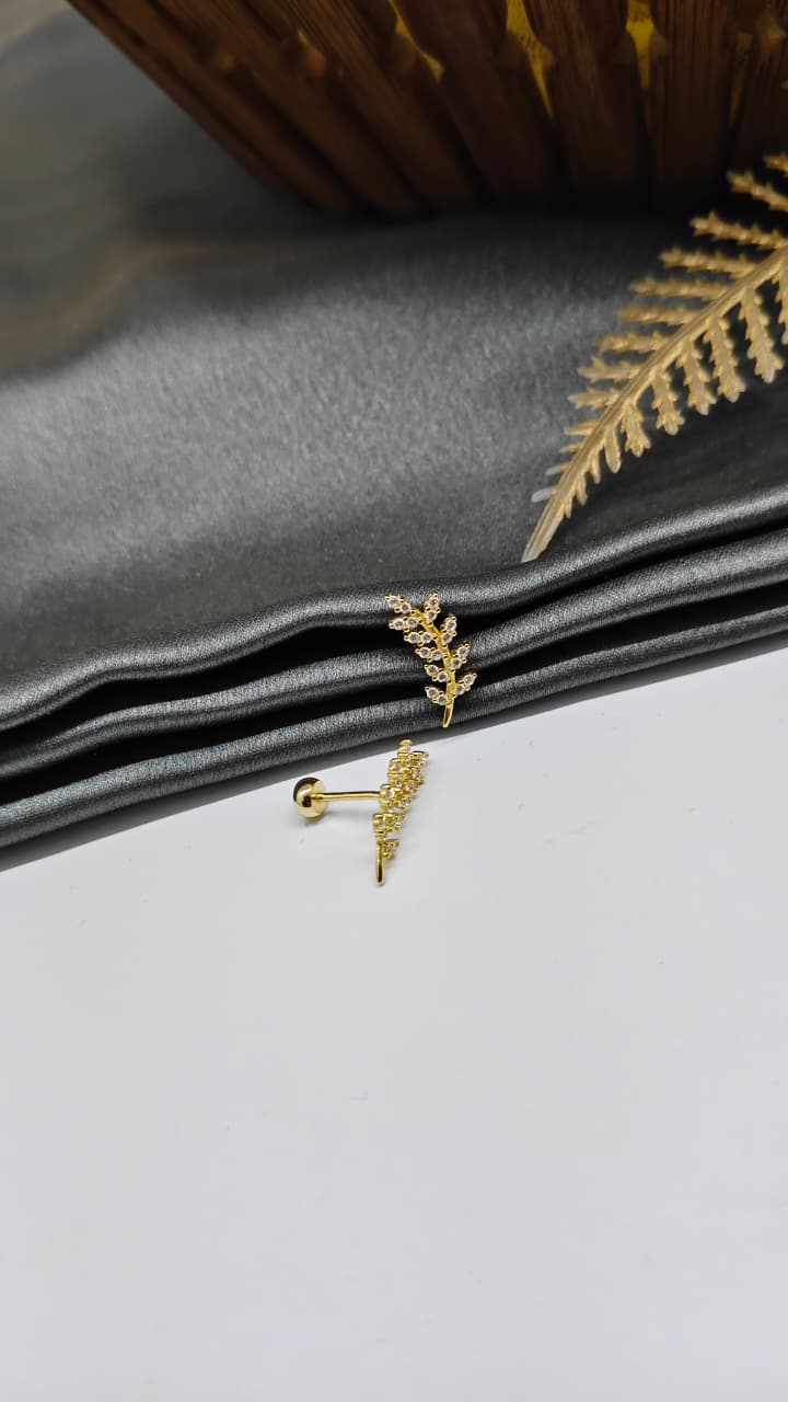 925 Silver Gold White Stone Big Leaf Design Bugadi Earrings