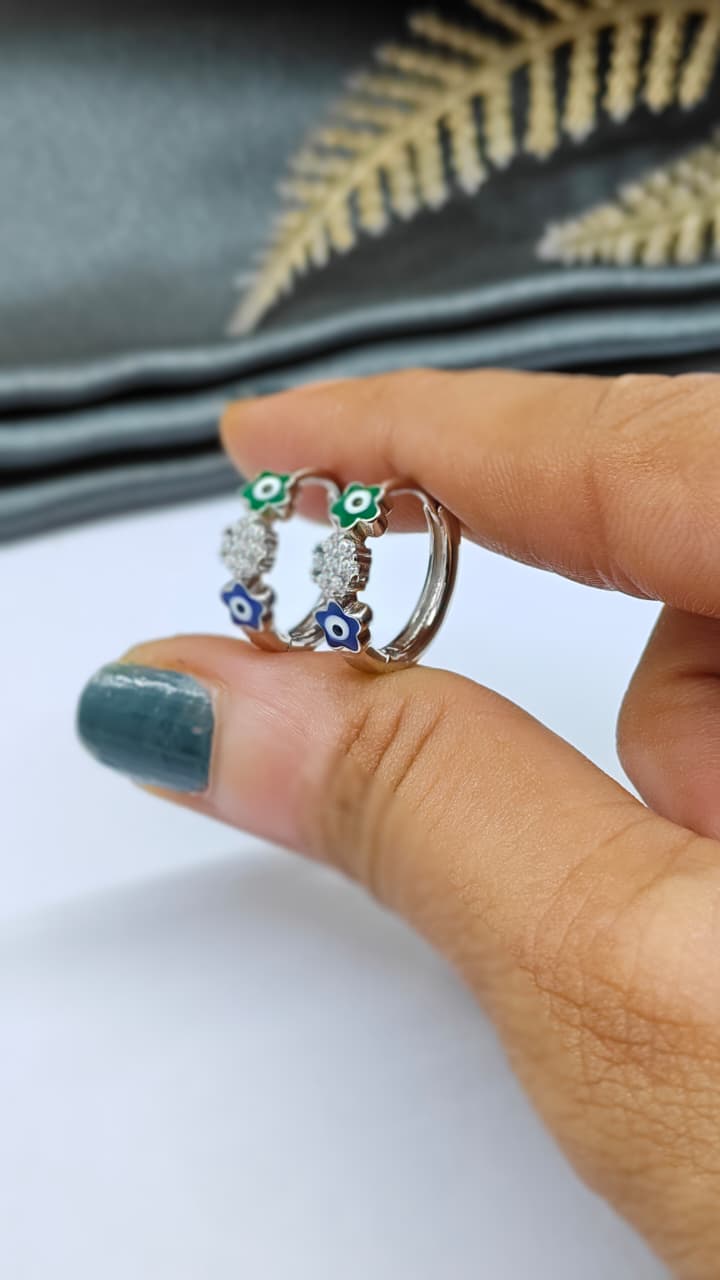 925 Silver Regular Colour White Stone Green And Blue Evil Eye Star Design Balli / Earrings