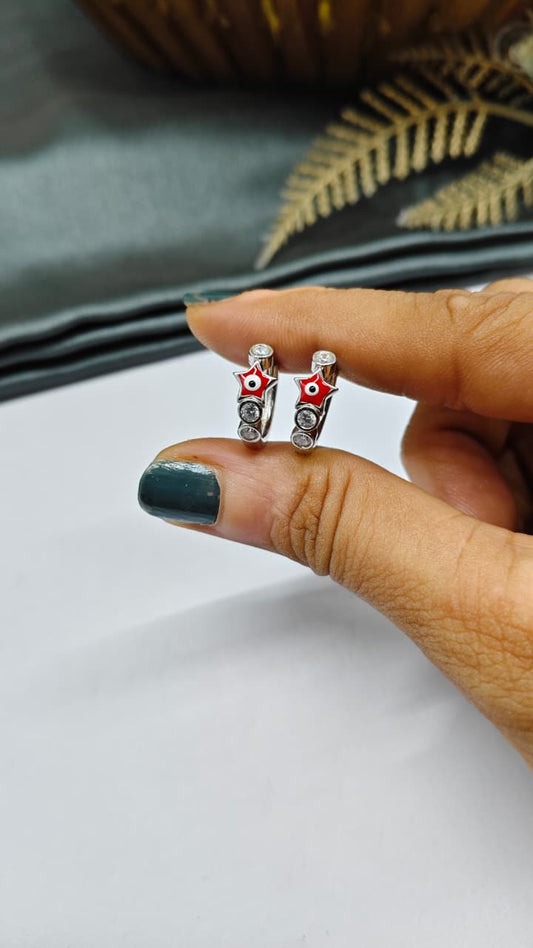 925 Silver Regular Colour 3 White Stone Red Evil Eye Star Design Balli / Earrings