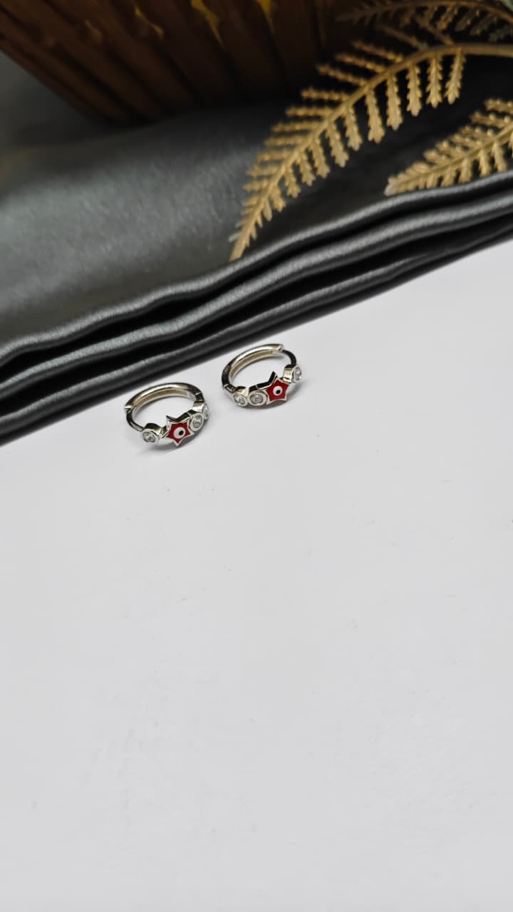 925 Silver Regular Colour 3 White Stone Red Evil Eye Star Design Balli / Earrings