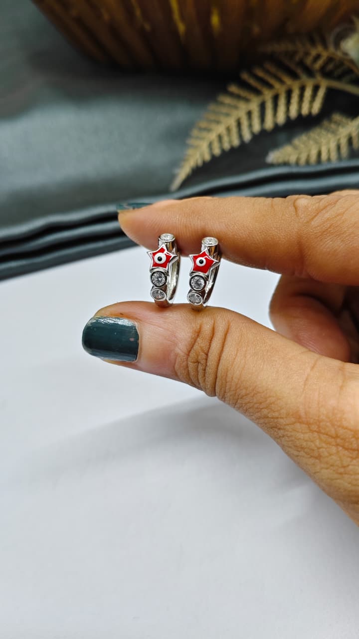 925 Silver Regular Colour 3 White Stone Red Evil Eye Star Design Balli / Earrings