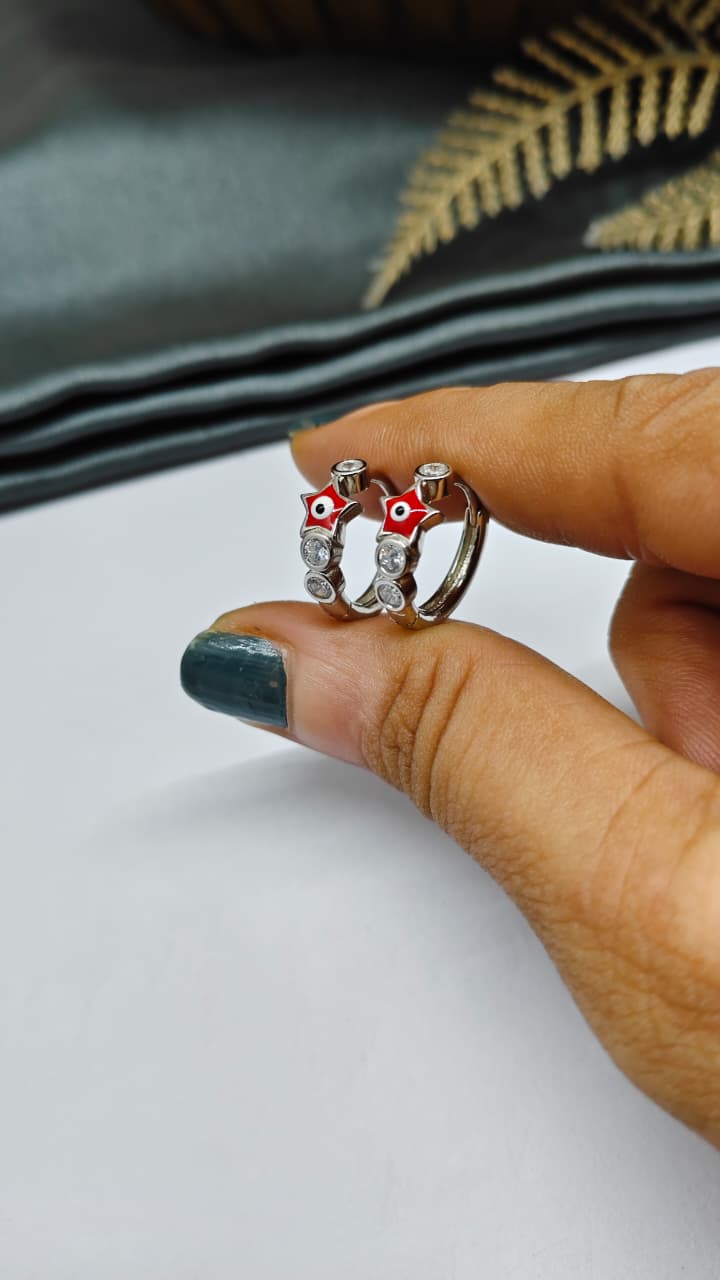 925 Silver Regular Colour 3 White Stone Red Evil Eye Star Design Balli / Earrings