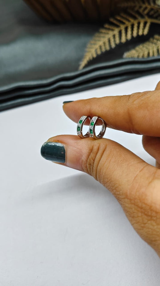 925 Silver Regular Colour Small Size White With Green Stone Design Balli / Earrings