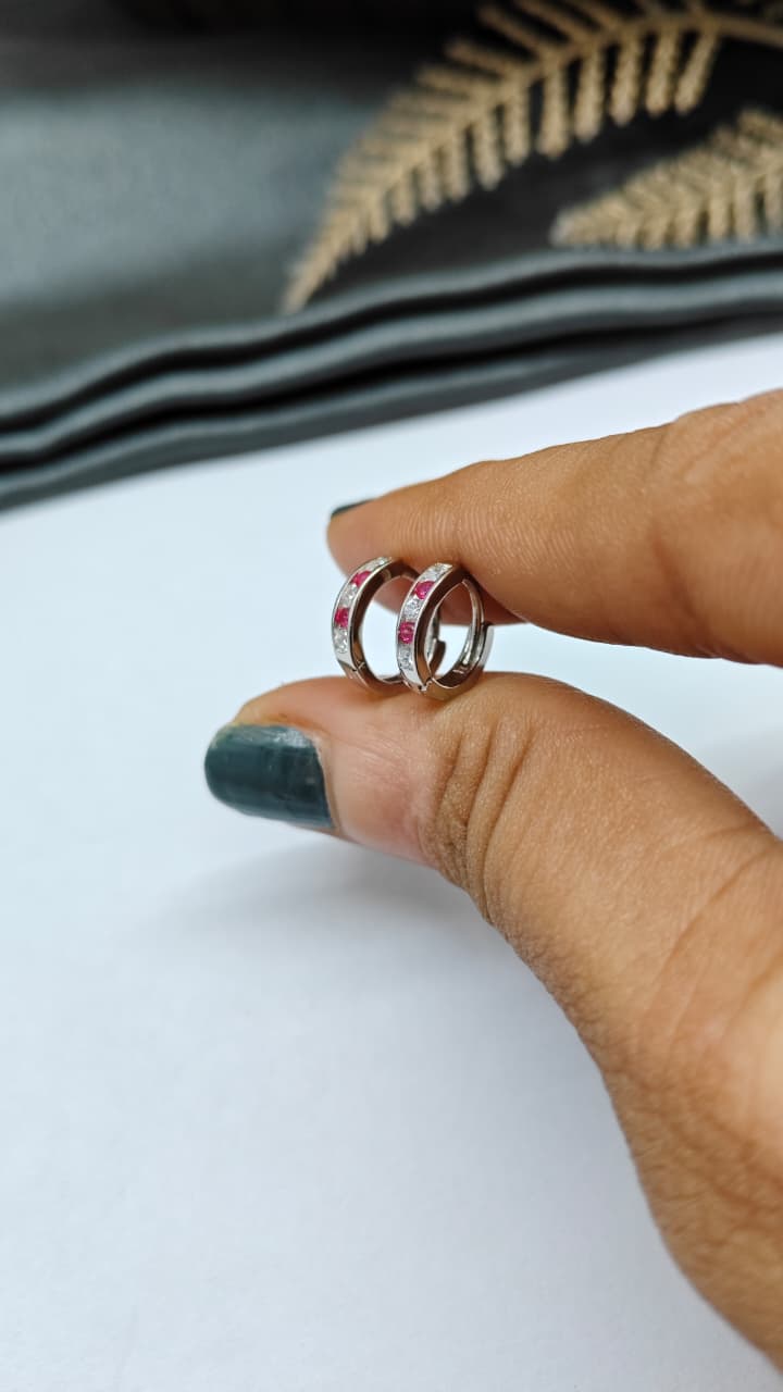 925 Silver Regular Colour Small Size White With Red Stone Design Balli / Earrings