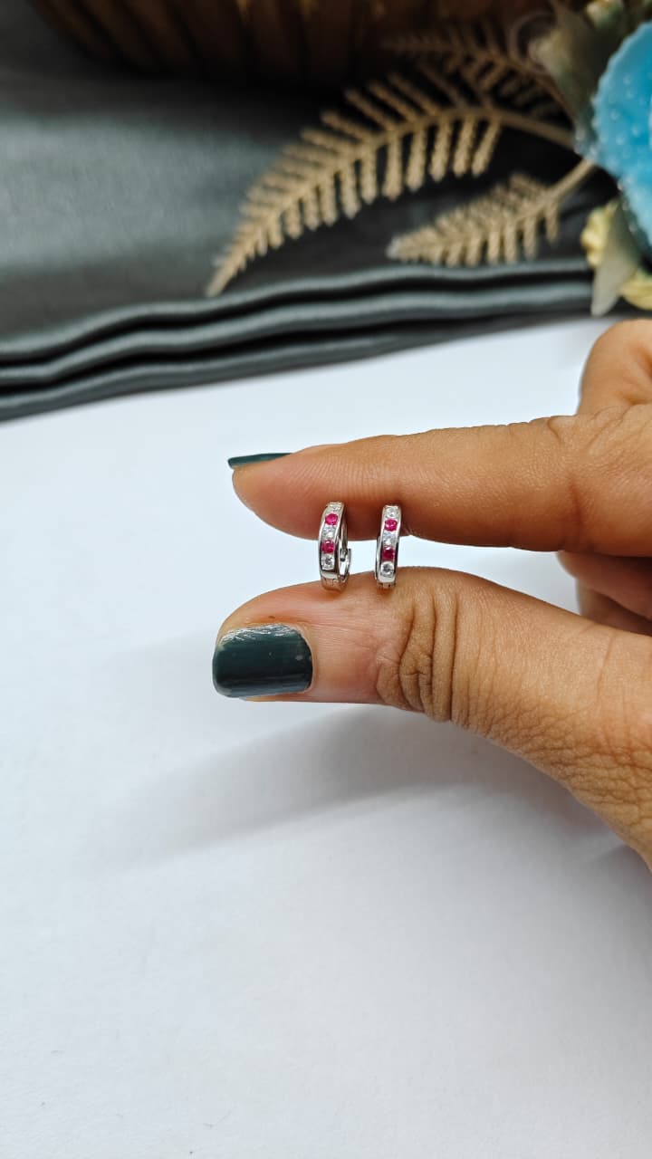 925 Silver Regular Colour Small Size White With Red Stone Design Balli / Earrings