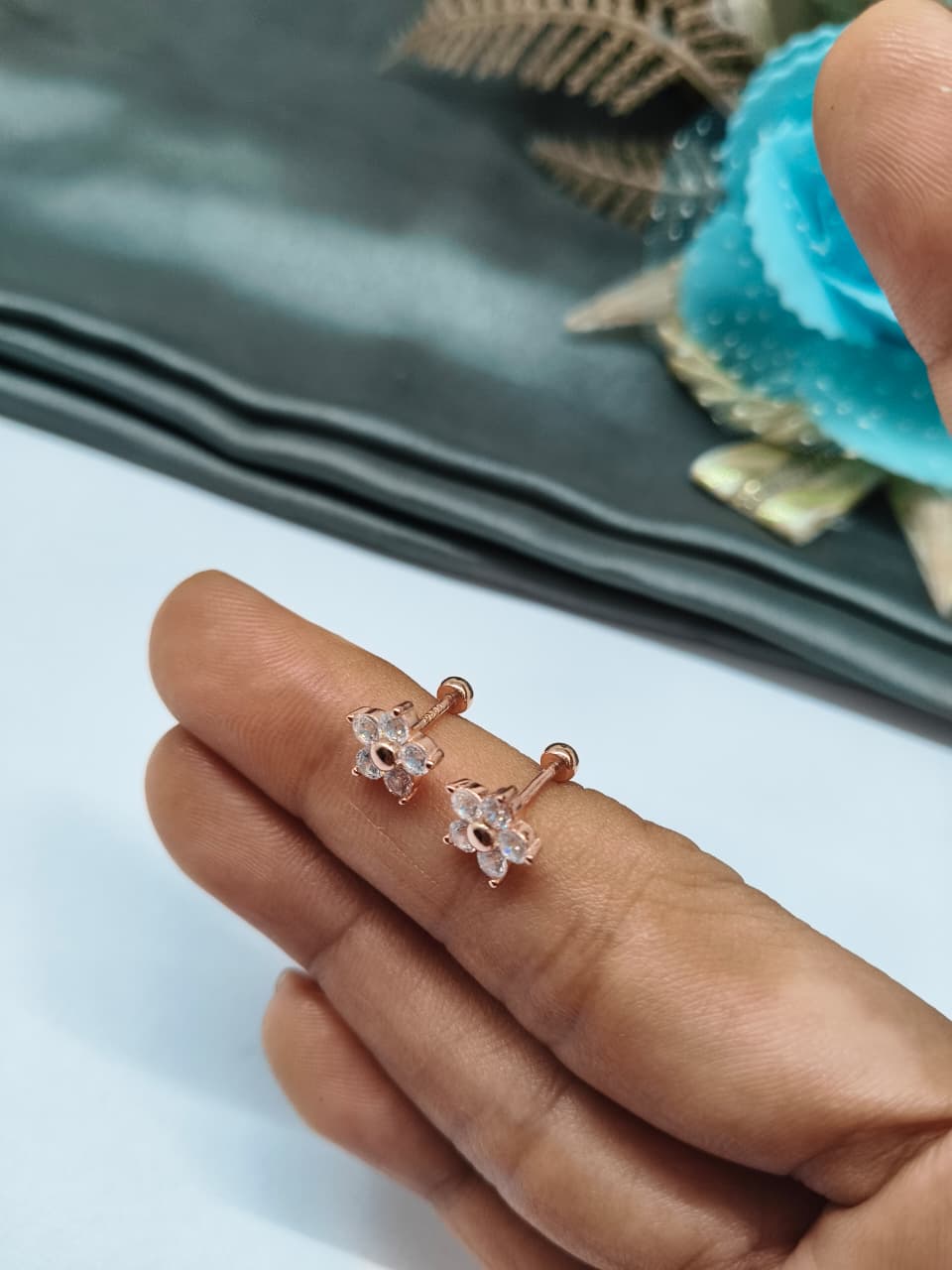 925 Silver Rose Gold 5 White Stone Star Design Bugadi Earrings