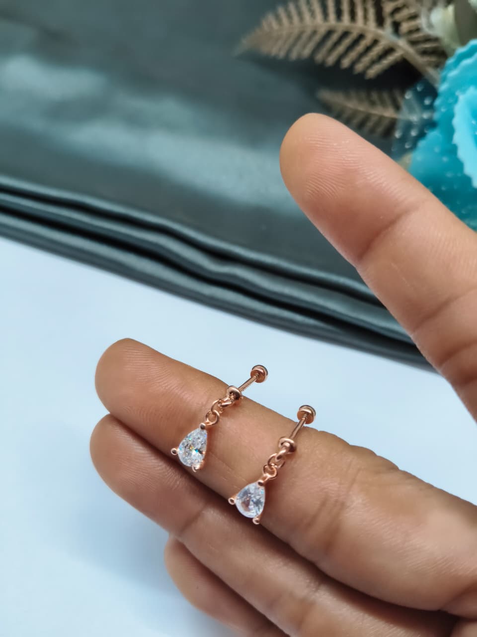 925 Silver Rose Gold White Stone Hanging Design Bugadi Earrings