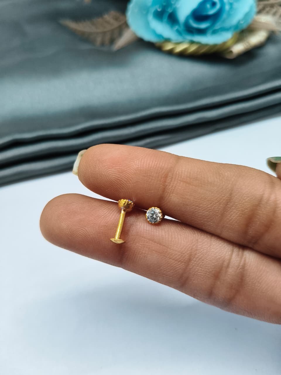 925 Silver Regular Gold Colour Small 3mm Single White Stone Side Stud/ Nose Pin in Pair