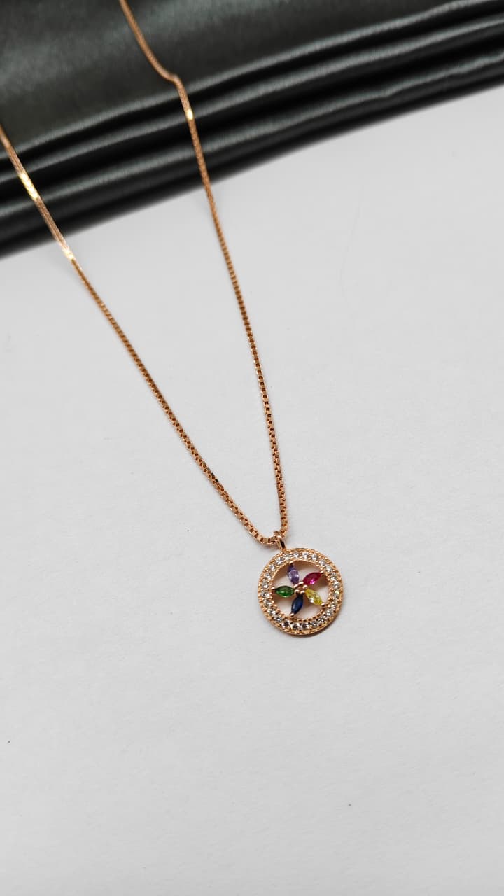 925 Silver Rose Gold Colour Round Star Design Multi Colour Stone Chain With Pendant