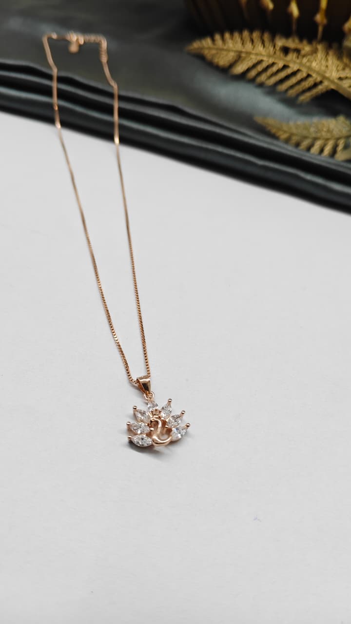 925 Silver Rose Gold Colour Peacock Design White Stone Chain With Pendant