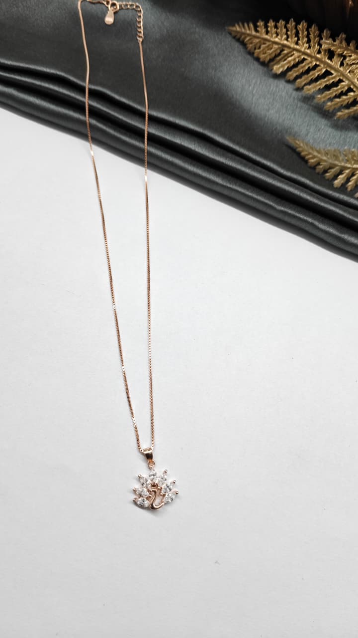 925 Silver Rose Gold Colour Peacock Design White Stone Chain With Pendant