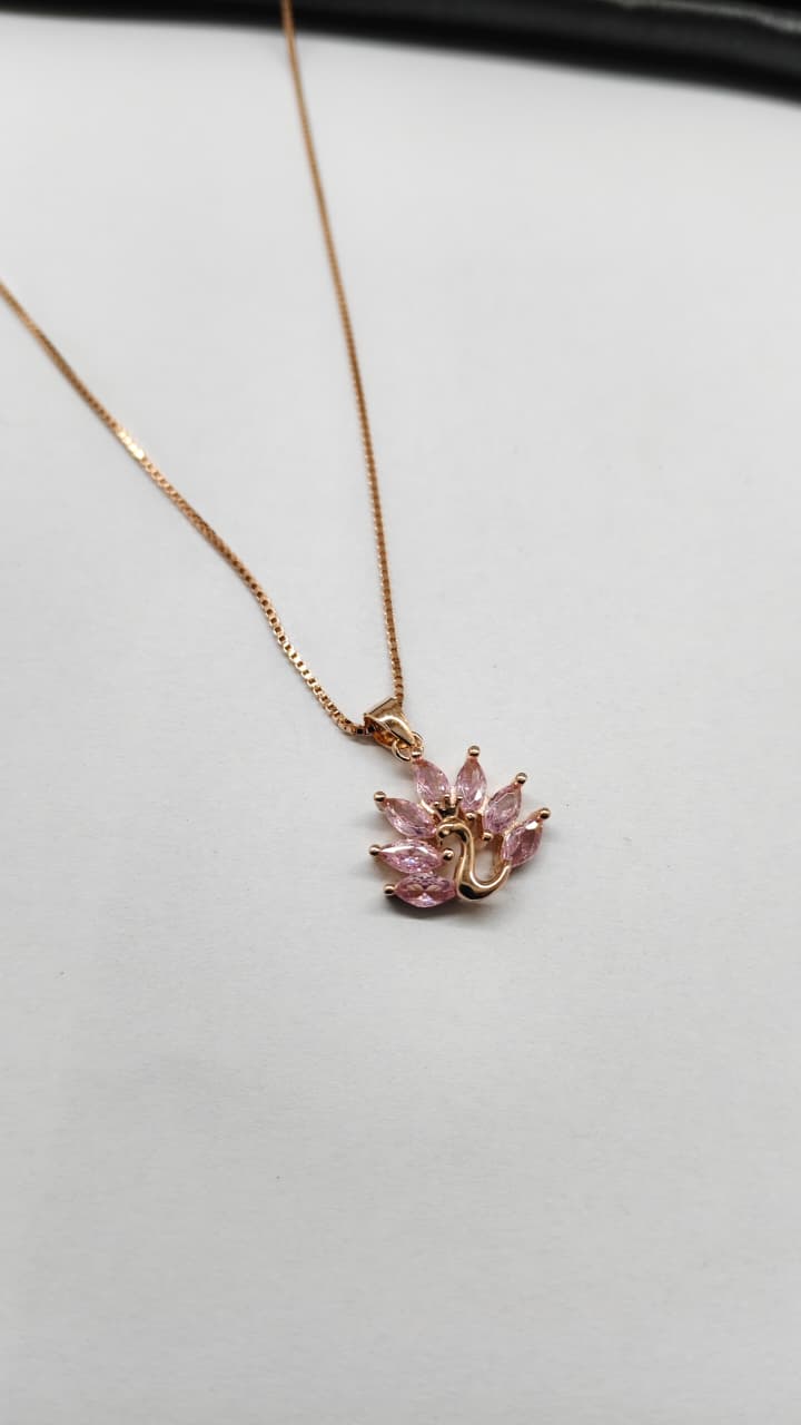 925 Silver Rose Gold Colour Peacock Design Pink With White Stone Chain With Pendant