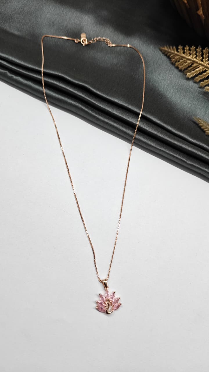 925 Silver Rose Gold Colour Peacock Design Pink With White Stone Chain With Pendant
