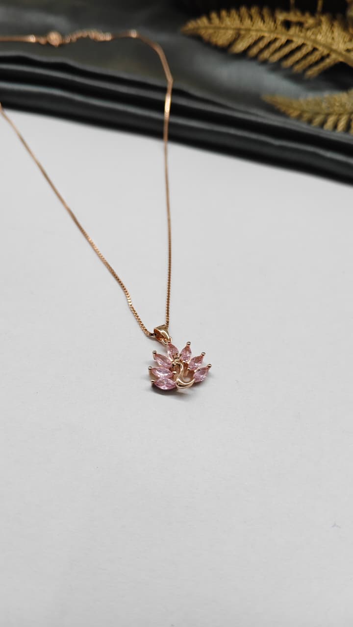 925 Silver Rose Gold Colour Peacock Design Pink With White Stone Chain With Pendant