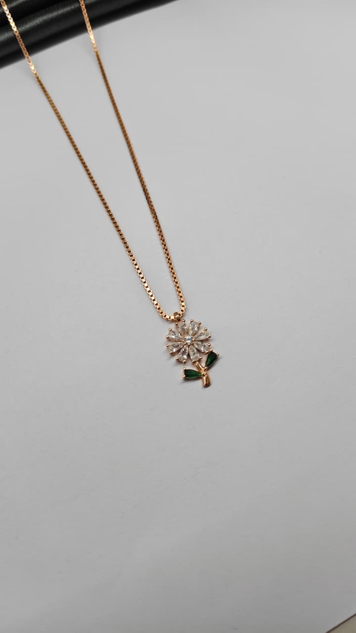 925 Silver Rose Gold Colour Rose Design White With Green Stone Chain Pendant