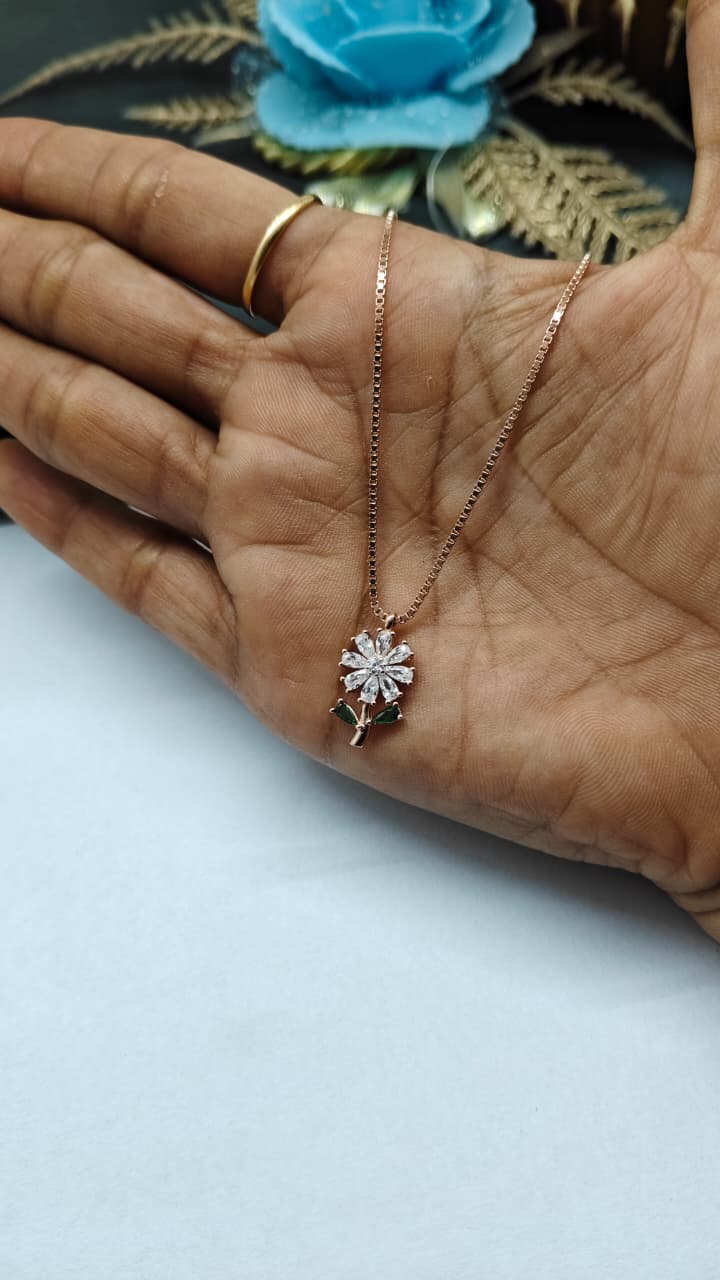 925 Silver Rose Gold Colour Rose Design White With Green Stone Chain Pendant