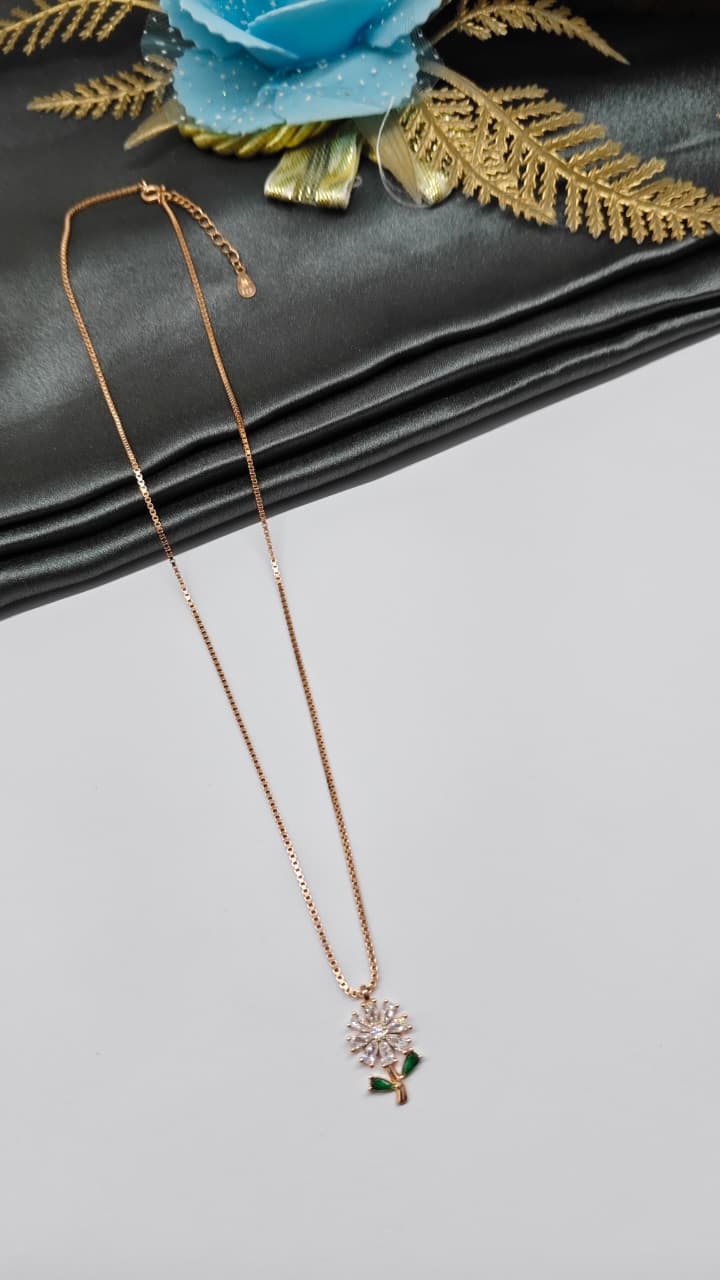 925 Silver Rose Gold Colour Rose Design White With Green Stone Chain Pendant