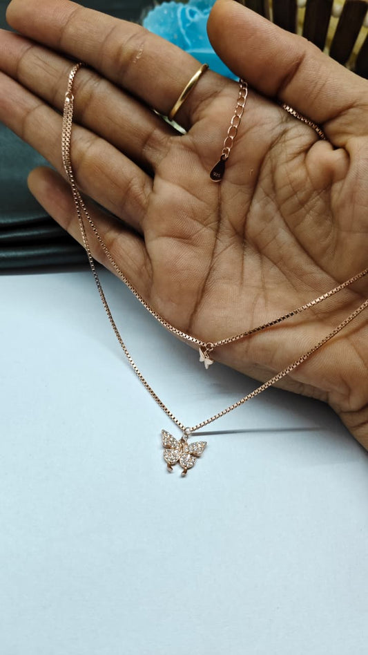 925 Silver Rose Gold Colour Double Layer Butterfly Design White Stone Chain Pendant