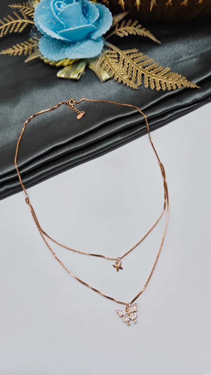 925 Silver Rose Gold Colour Double Layer Butterfly Design White Stone Chain Pendant