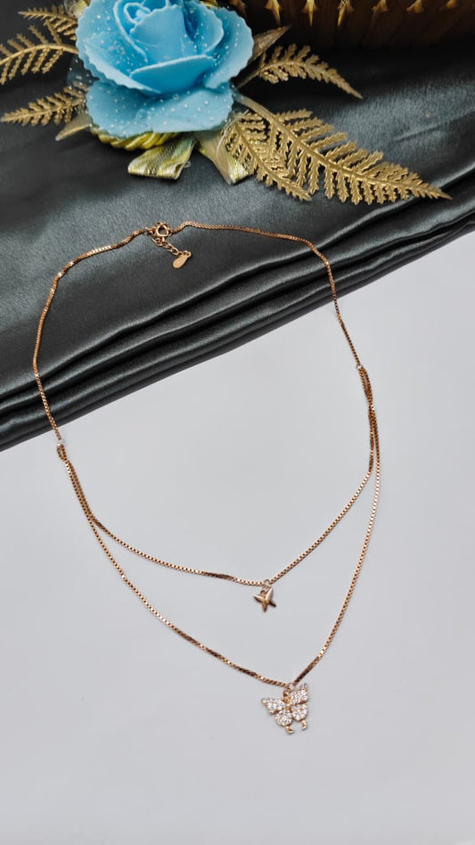 925 Silver Rose Gold Colour Double Layer Butterfly Design White Stone Chain Pendant