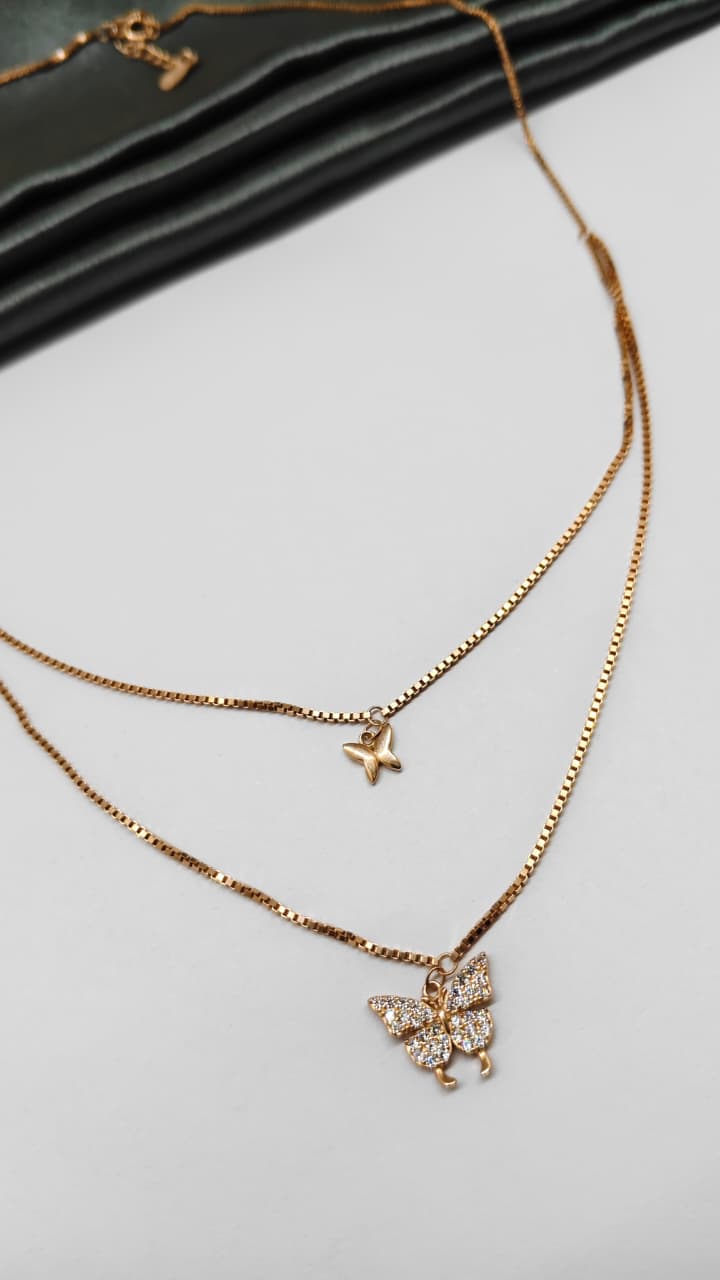 925 Silver Rose Gold Colour Double Layer Butterfly Design White Stone Chain Pendant