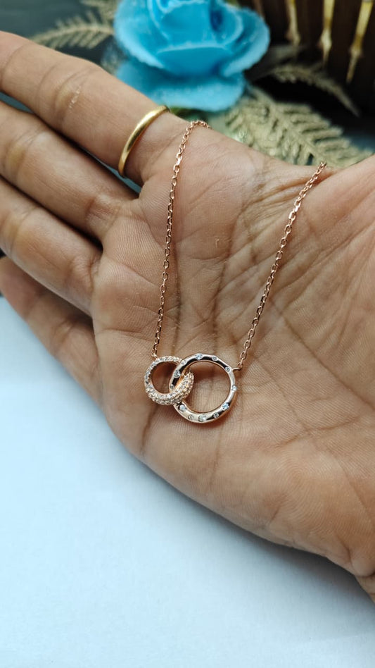 925 Silver Rose Gold Colour Double Ring Design White Stone Chain Pendant