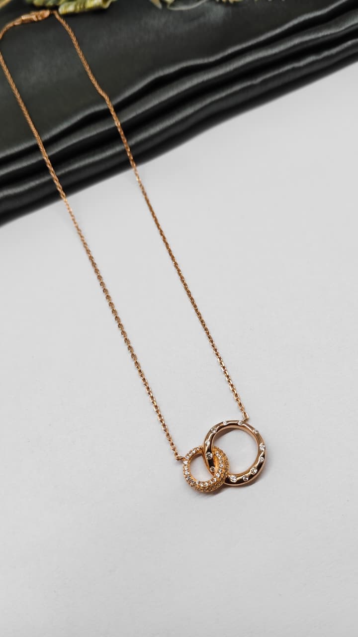925 Silver Rose Gold Colour Double Ring Design White Stone Chain Pendant