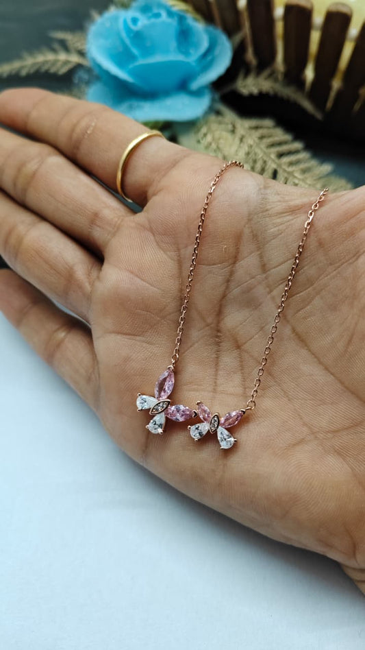 925 Silver Rose Gold Colour Double Butterfly Design White With Pink Stone Chain Pendant