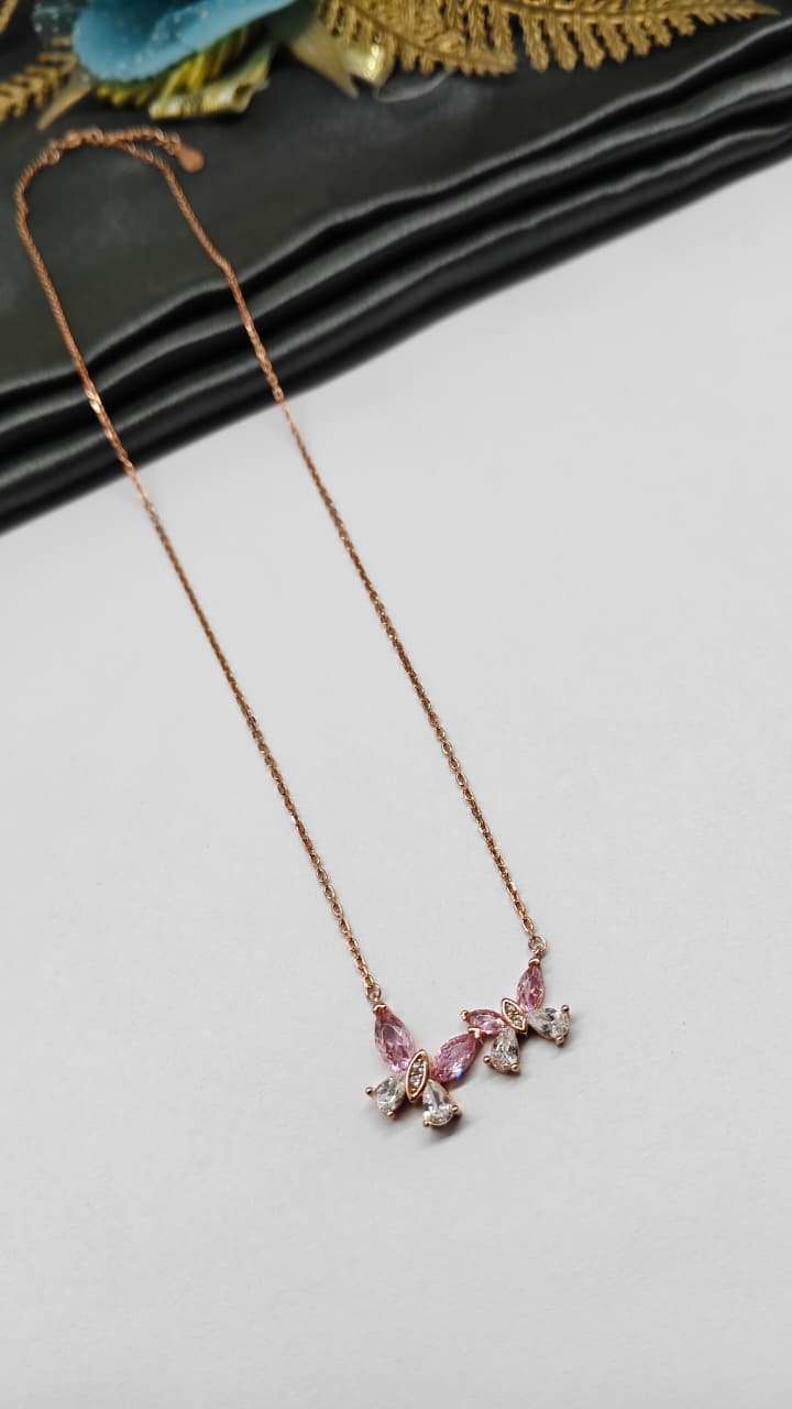 925 Silver Rose Gold Colour Double Butterfly Design White With Pink Stone Chain Pendant