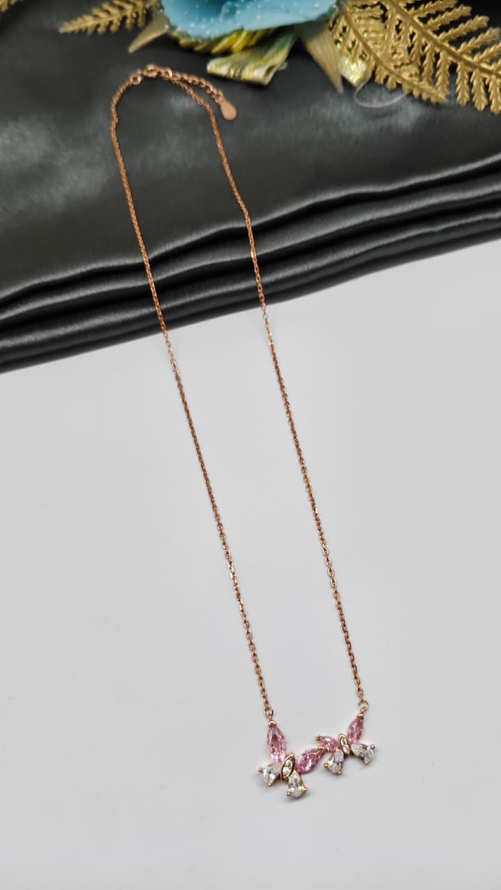 925 Silver Rose Gold Colour Double Butterfly Design White With Pink Stone Chain Pendant