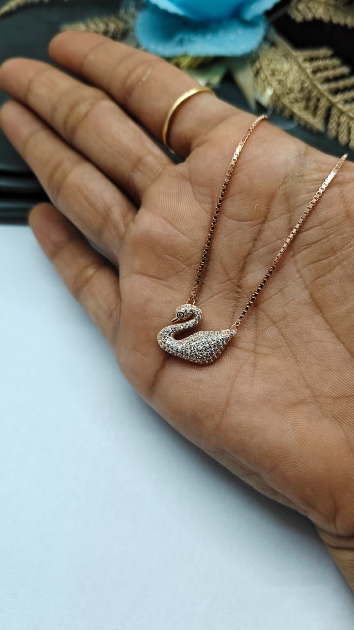 925 Silver Rose Gold Colour Swan Design White Stone Chain Pendant