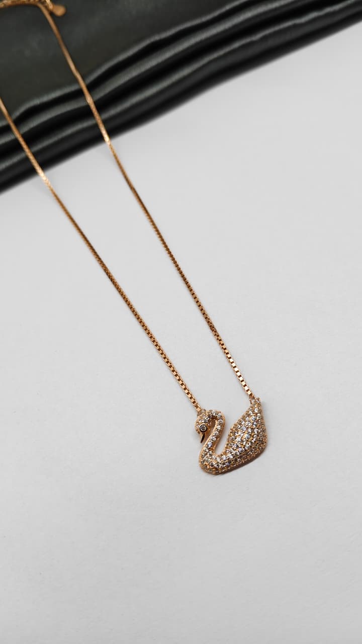 925 Silver Rose Gold Colour Swan Design White Stone Chain Pendant