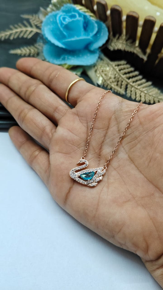 925 Silver Rose Gold Colour Swan Design Blue White Stone Chain Pendant