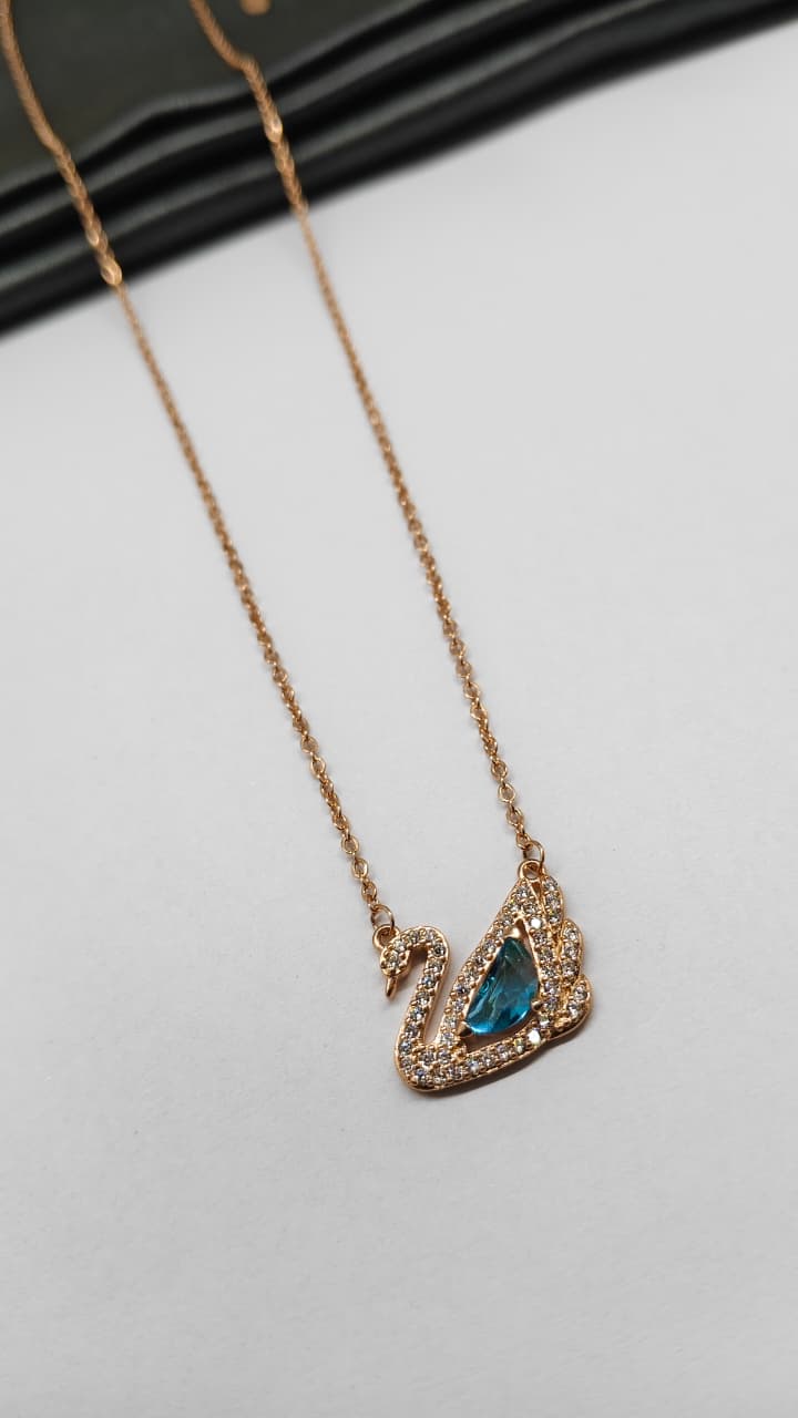 925 Silver Rose Gold Colour Swan Design Blue White Stone Chain Pendant