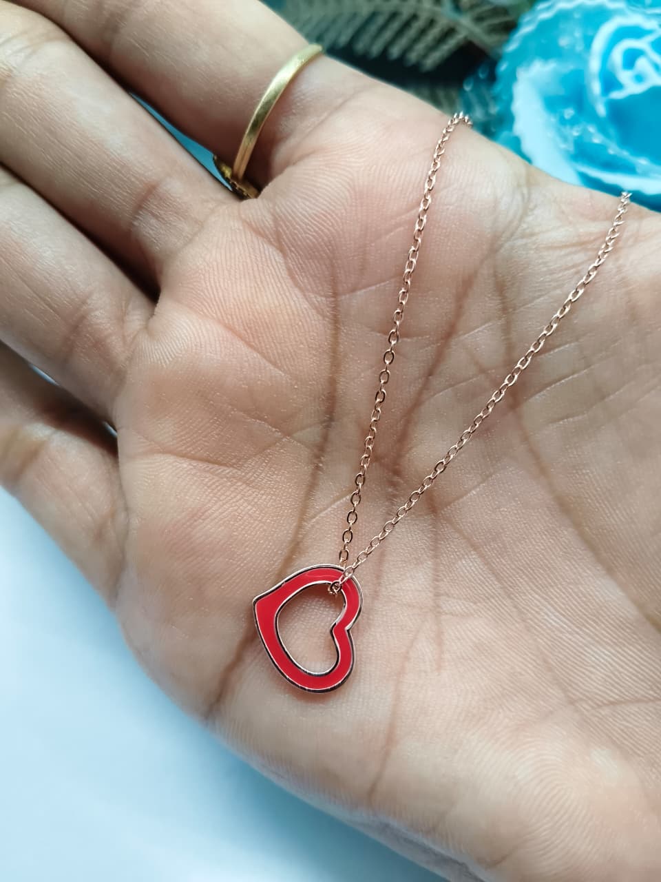 925 Silver Rose Gold Colour Red Enamel Heart Design Chain With Pendant