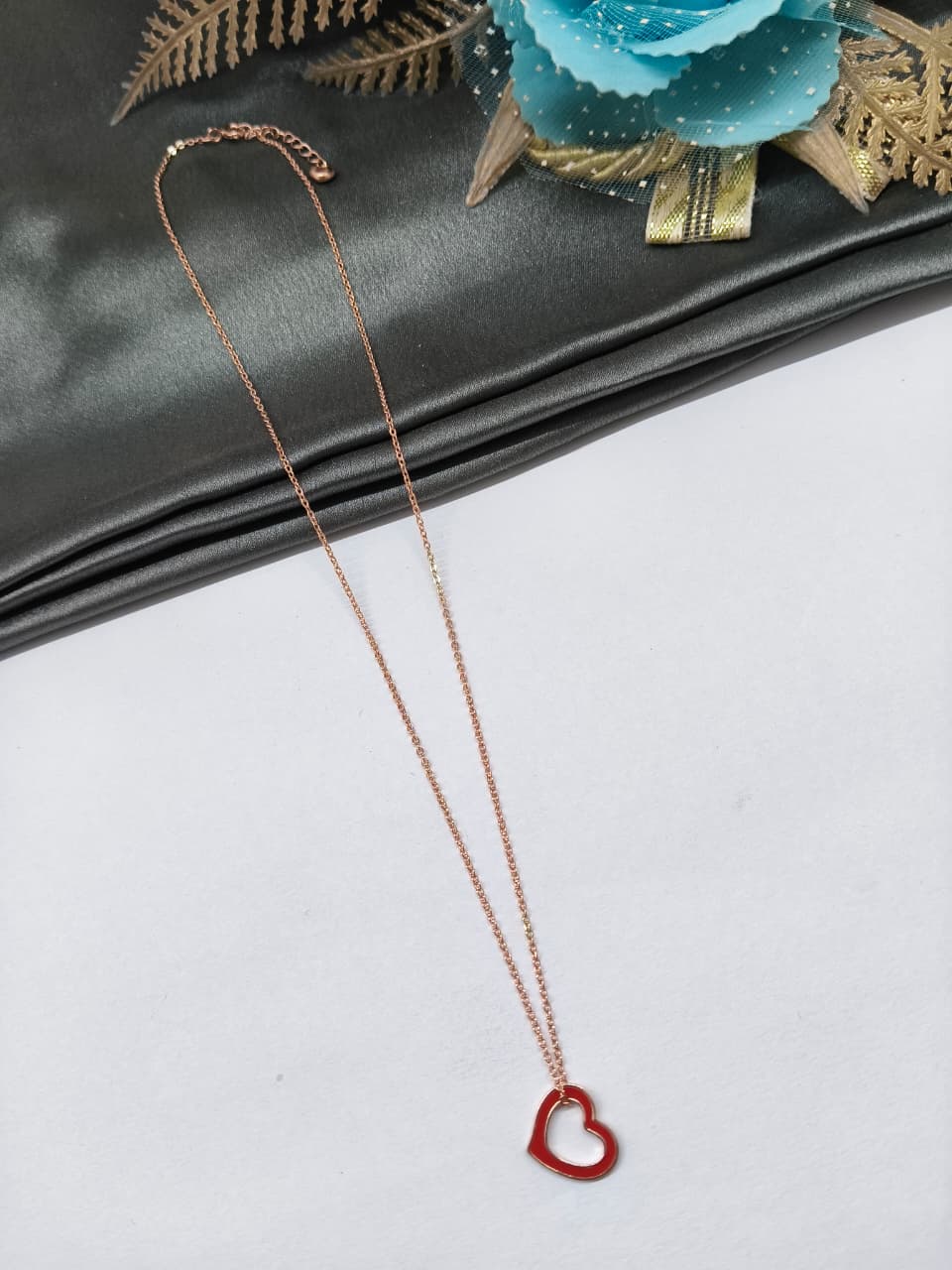 925 Silver Rose Gold Colour Red Enamel Heart Design Chain With Pendant