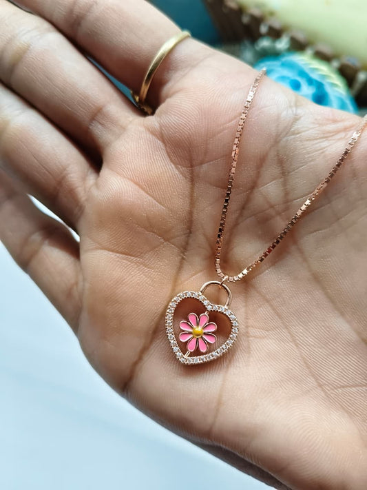 925 Silver Rose Gold Colour Double SIde Pink\ White Enamel Flower in Heart Design With White Stone Chain With Pendant